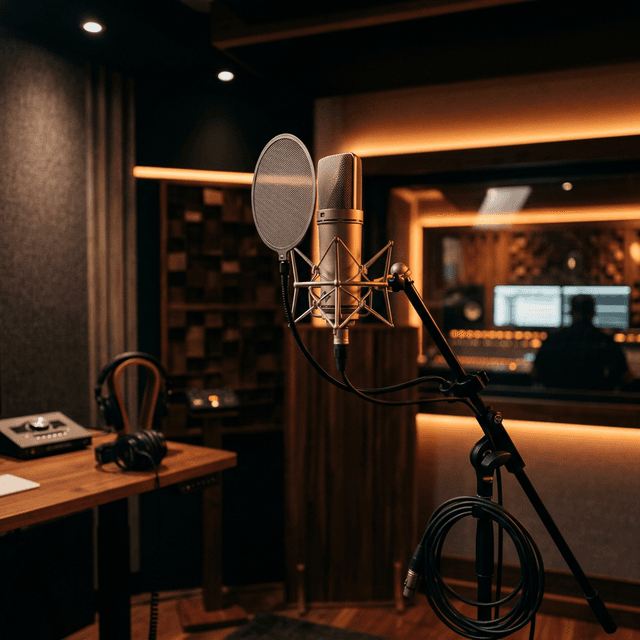 A microphone waiting in a warm-lit recording studio